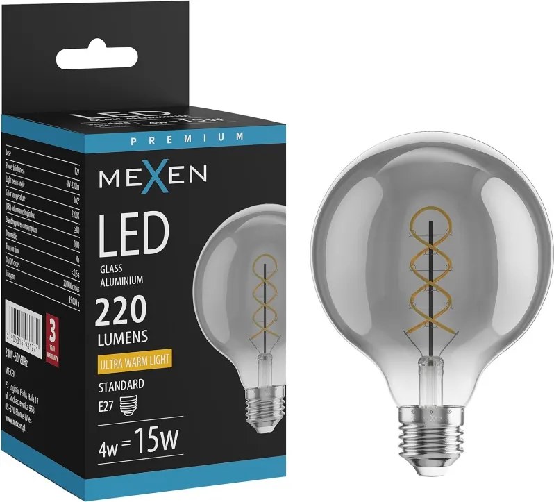 Mexen Vintis, LED žiarovka špirála E27, G95, 4W, Teplá - 2200K, 220 lm, dymová - L167-E27-0422-70