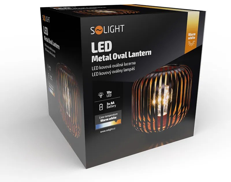 SOLIGHT Kovový oválny lampáš so žiarovkou micro LED, teplá biela, medená, 3xAA, 18cm