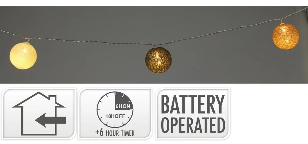 Svetelná LED reťaz Raffia, 360 cm, 12 gulí pr. 6 cm, časovač
