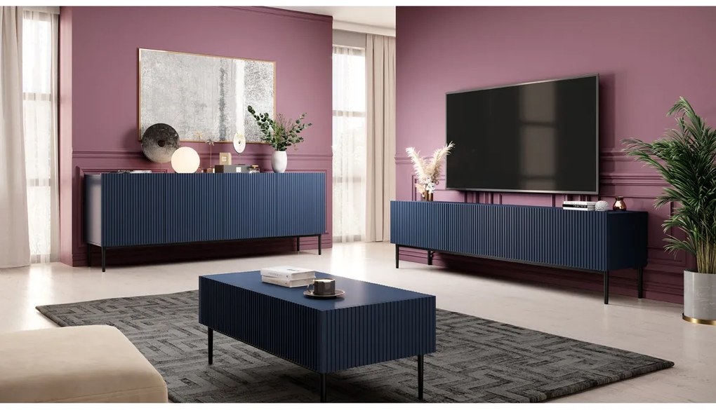 Komoda Nicole 200 cm - námornícka modrá MDF / čierne nožičky