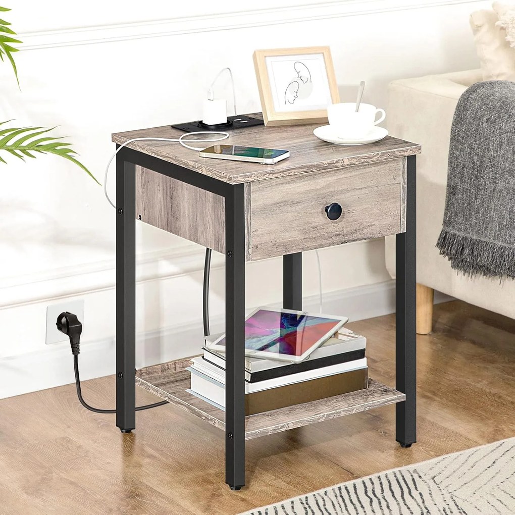 Noční stolek Vasagle Ferira 40 cm s nabíjecí stanicí černý/šedý