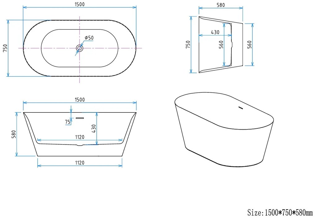 Erga Molly, voľne stojaca vaňa 150x75 cm + odtoková zátka, biela lesklá, ERG-Molly-150075-WH-WH