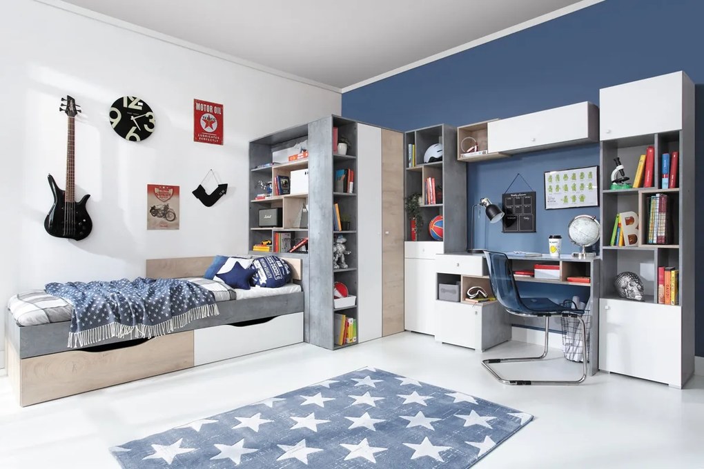 Rohová skriňa Sigma SI1 L/P - Biely lux / beton / Dub
