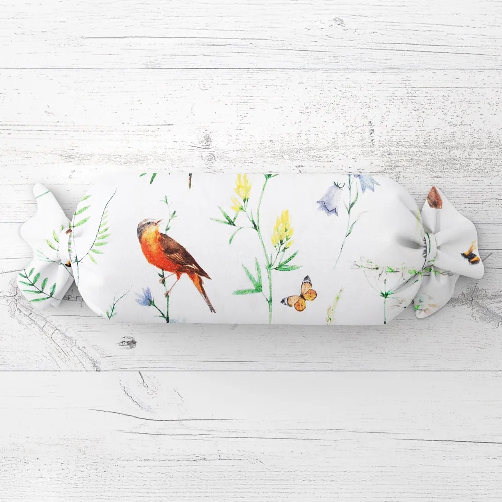 Biante Vankúš valec bonbon Sandra SA-392 Lúčne kvietky s vtáčikmi 15x40 cm