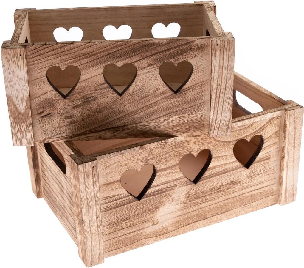 Sada dekoračných drevených debničiek Hearts 2 ks, prírodná