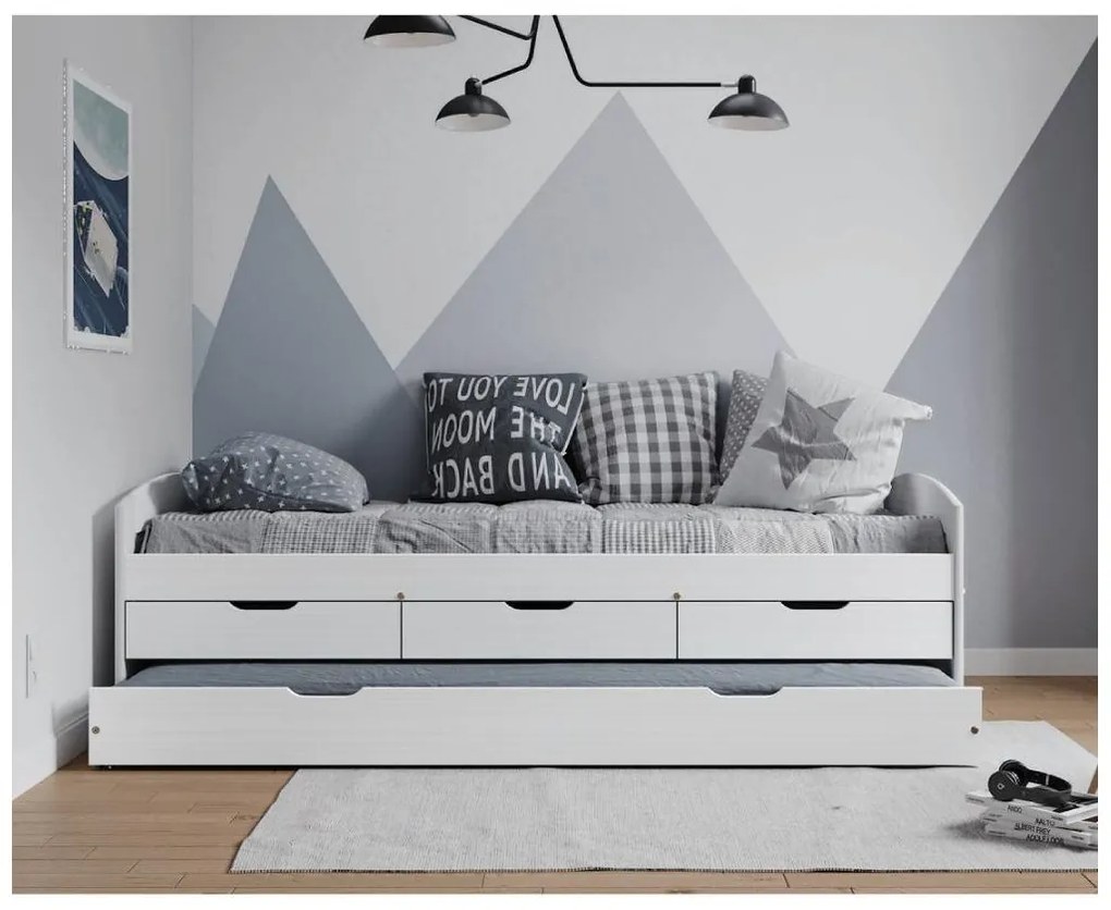 Posteľ s výsuvnou prístelkou, biela, masív, 90x200, MARINELLA NEW