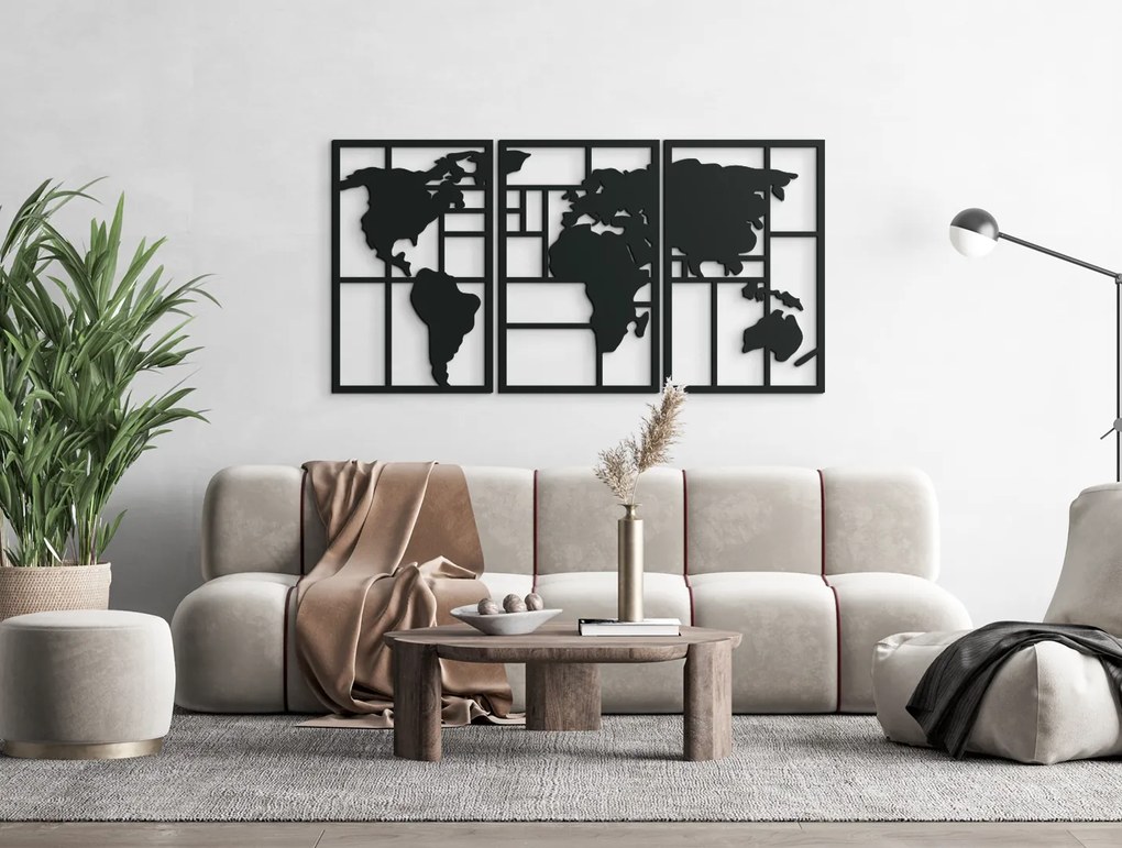 drevko Viacdielny obraz Mapa sveta na stenu Rozmer obrazu: 45,5 x 89 cm, Farba dekorácie: Čierna