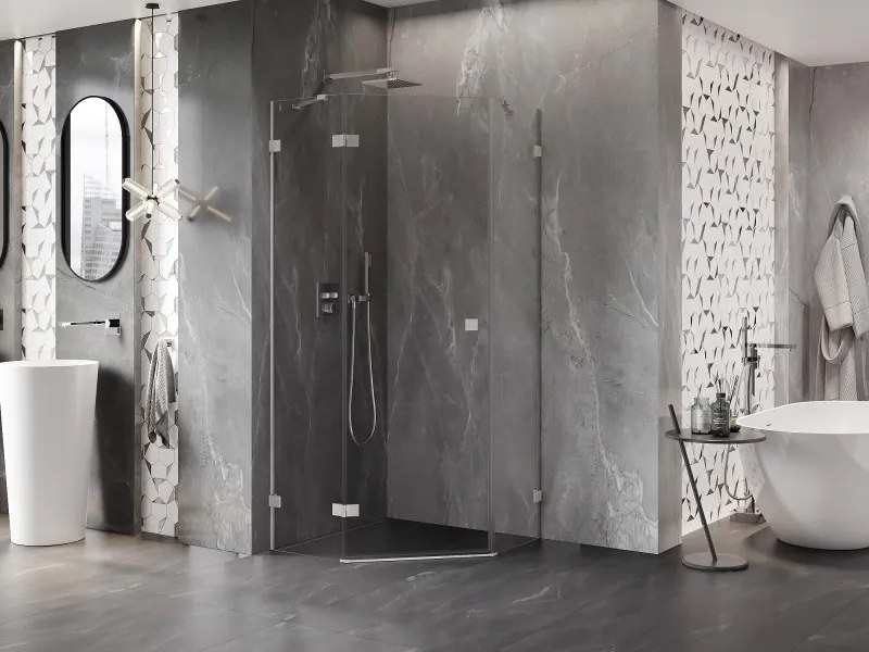 Mexen Lunar, päťuholníkový sprchový kút naklápací doľava 90 x 90 cm, 8mm číre sklo, oceľový profil, 831-090L-090P-97-00-L