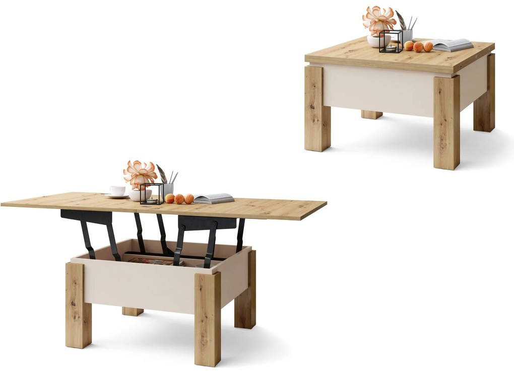 Mazzoni OSLO dub artisan / béžová, rozkladací konferenčný stolík s výškovo nastaviteľnou stolovou doskou