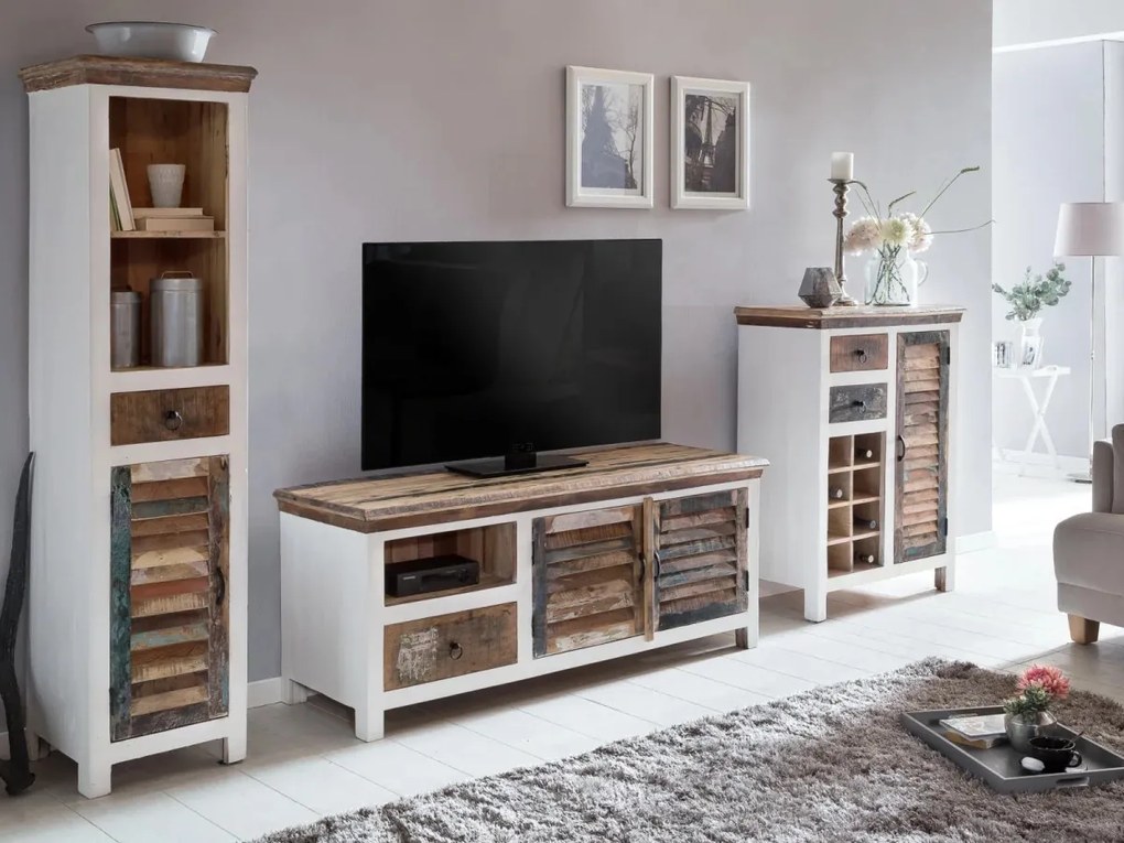 furniture-nabytek.cz - Masivní komoda Perth z recyklovaného dřeva, lakovaná, bílá/barevná – 80×42×110 cm