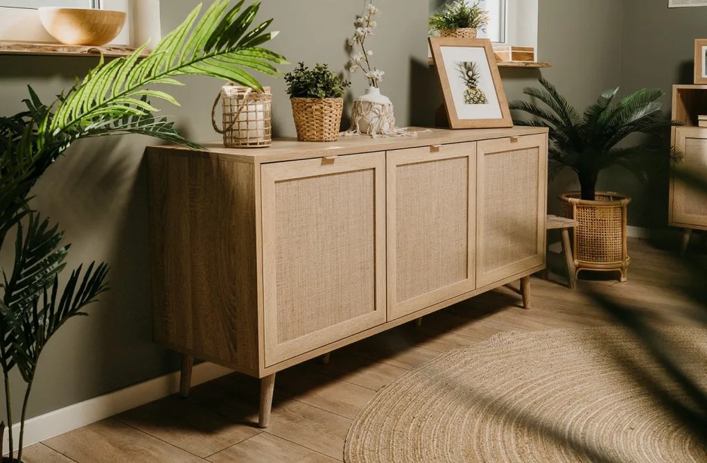 Široká skrinka 3-dverová Bali, dub sonoma/výplet