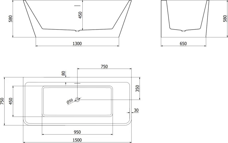 Mexen Volta, voľne stojaca nástenna vaňa 150 x 75 cm, biela, biely prepad, 51131507500-20