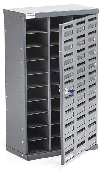 Skrinka na mobilné telefóny PAUSE, 30 priehradiek, cylindrický zámok, tmavošedá