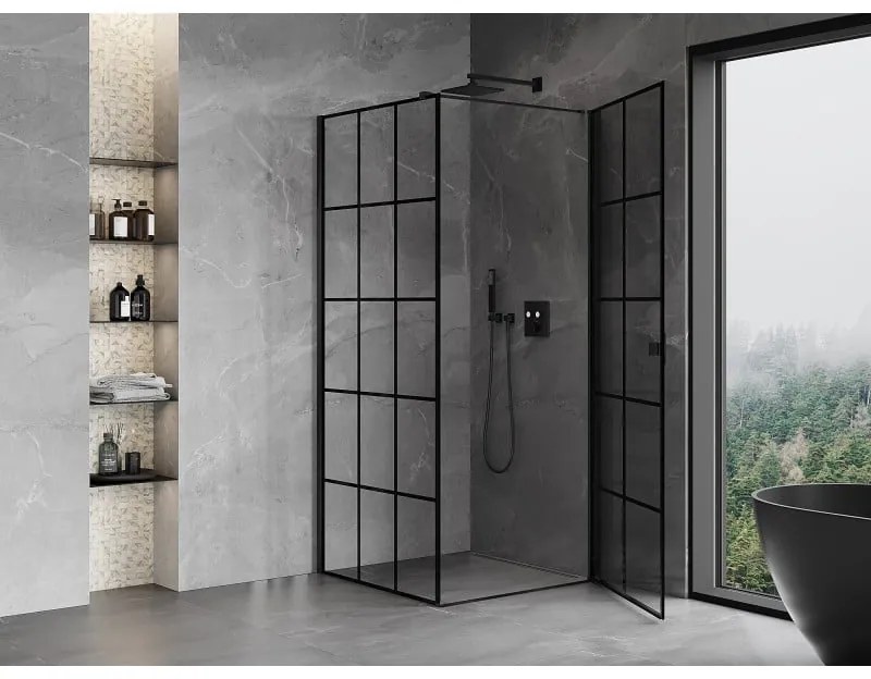 Mexen Mist-B, 1-krídlový výklopný sprchový kút, pravý, 100 x 100 cm, číre sklo-čierna mriežka, 8A2T-100-100-70-77-P