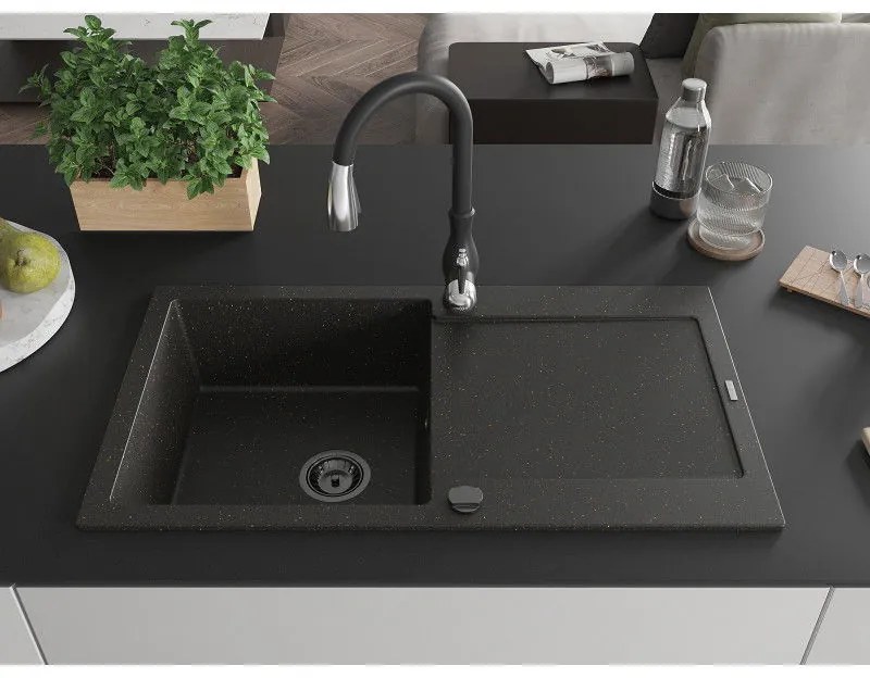 Mexen Leo, 1-komorový granitový drez 900x500x190 mm a drezová batéria Savita, čierna-zlatá metalíza, 6501-75-672601-70-B