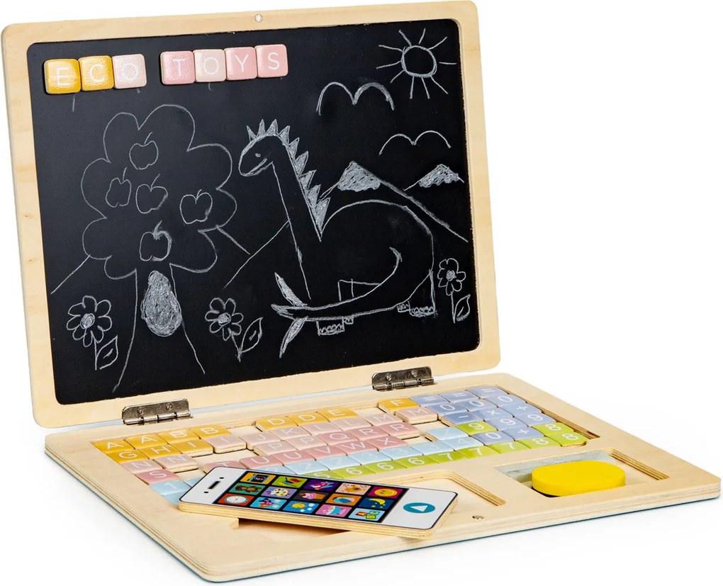 Detský edukačný 2v1 laptop ECOTOYS - magnetická a kriedová tabuľa, 78 písmen a čísiel