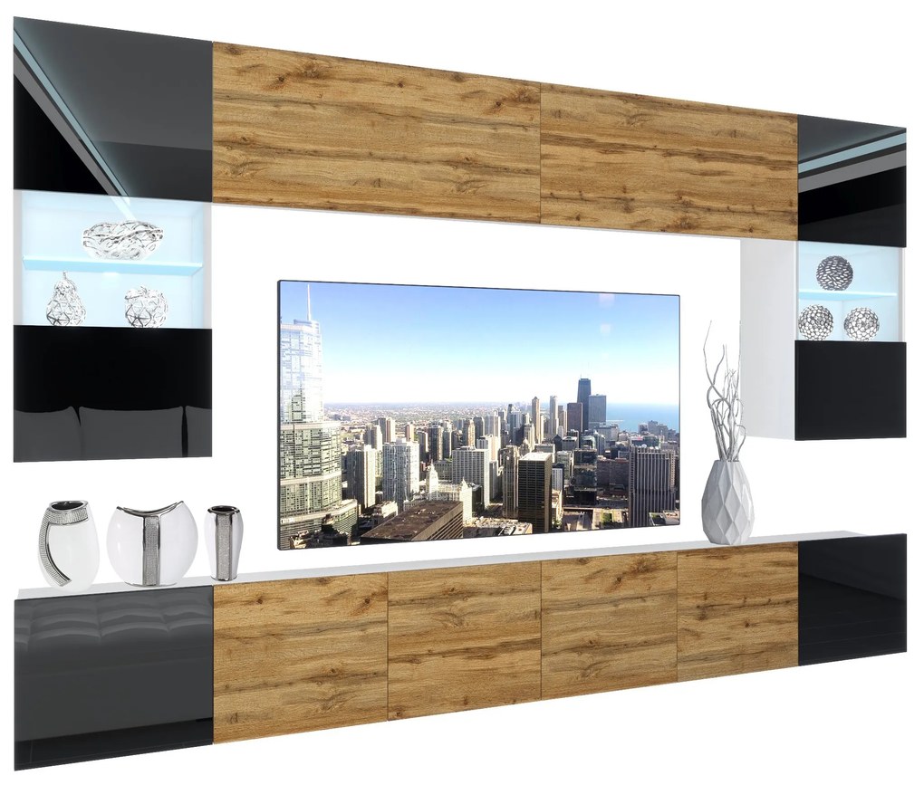 Obývacia stena Belini Premium Full Version čierny lesk / dub wotan + LED osvetlenie Nexum 14