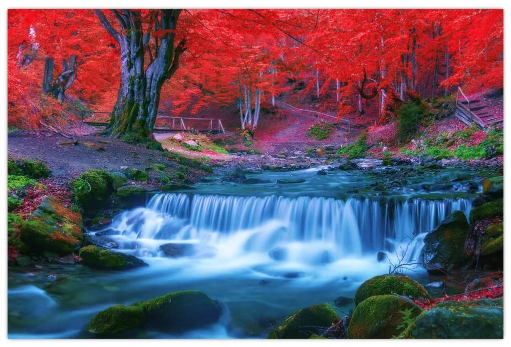 Obraz vodopádu v červenom lese (90x60 cm)