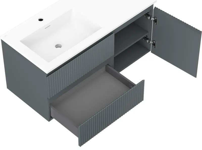 Mexen Rivel, kúpeľňová skrinka 100 cm s ľavým umývadlom Otis, 2S, 1D, drážkovaná, grafitová/biela matná, 91A23-10047-3-BBFFF66-W18L01