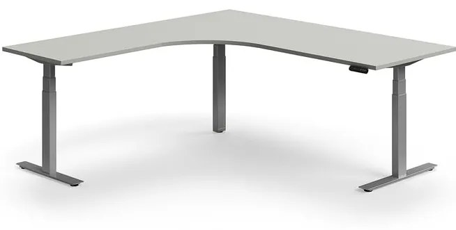 Výškovo nastaviteľný stôl QBUS, rohový, 2000x2000 mm, strieborný rám, svetlošedá