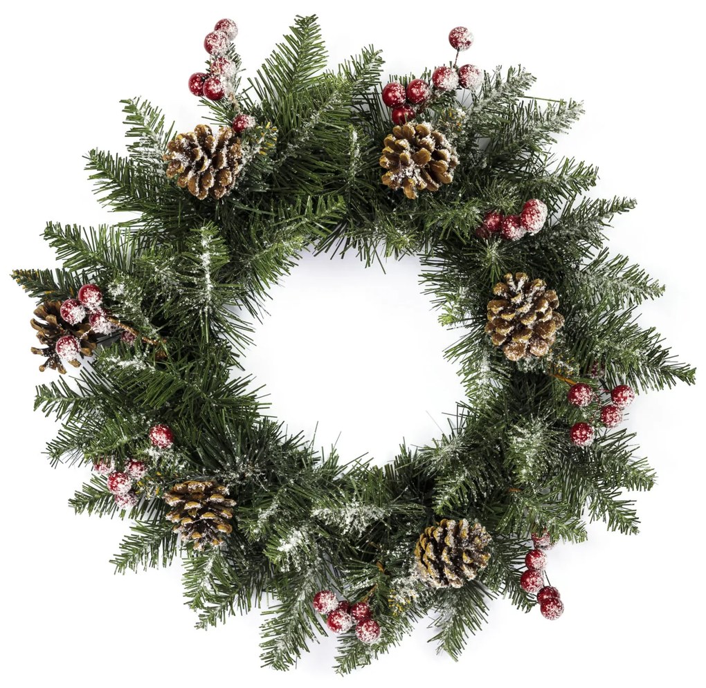 Vianočný veniec PREMIUM zasnežený so šiškou a jarabinou 40 cm
