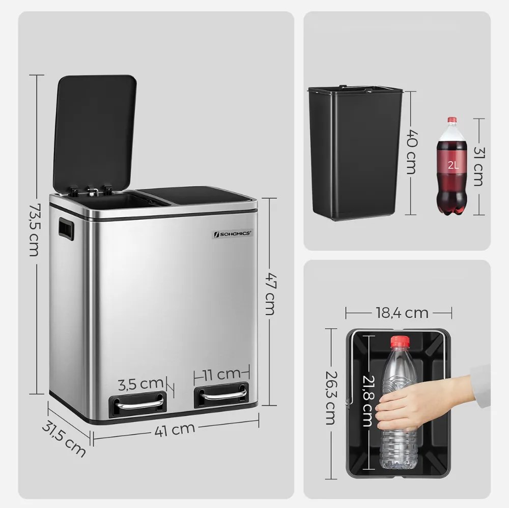 Kôš na separovanie odpadu SORT 30l (2×15l), strieborná/čierna SongmicsHome