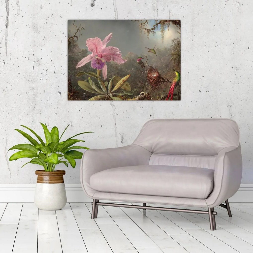 Sklenený obraz - Martin Johnson Heade, Cattleya Orchid and Three Hummingbirds, reprodukcia (70x50 cm)