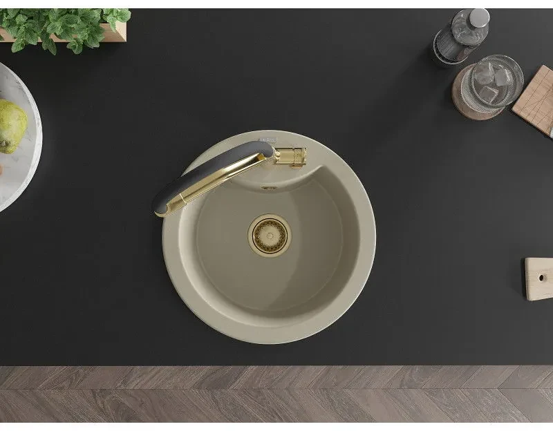 Mexen Diego, 1-komorový granitový drez 488x488x167 mm a drezová batéria Duo, béžová, 6512-69-671701-57-G