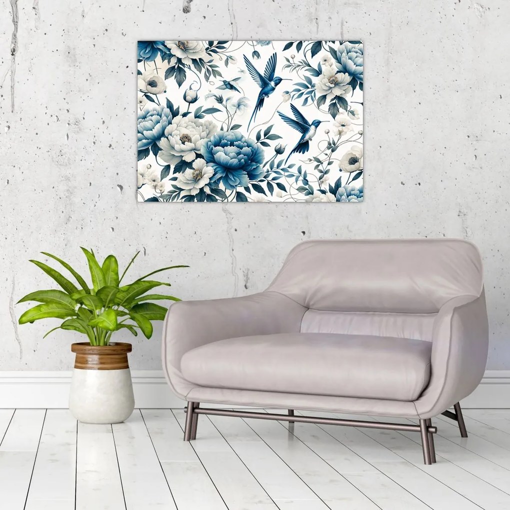 Obraz - Kolibríky s kvetmi (70x50 cm)