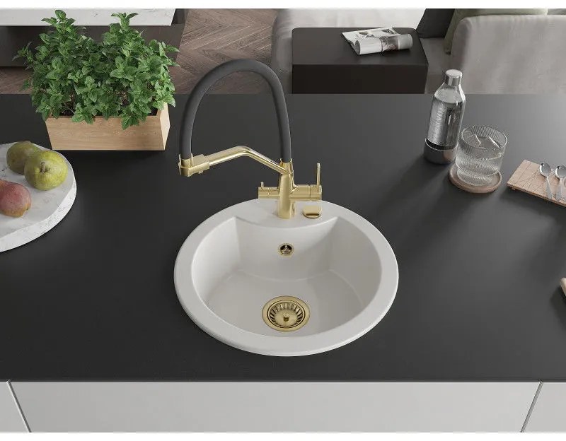 Mexen Diego, 1-komorový granitový drez 488x488x167 mm a drezová batéria Duo, biela, 6512-20-671701-57-G