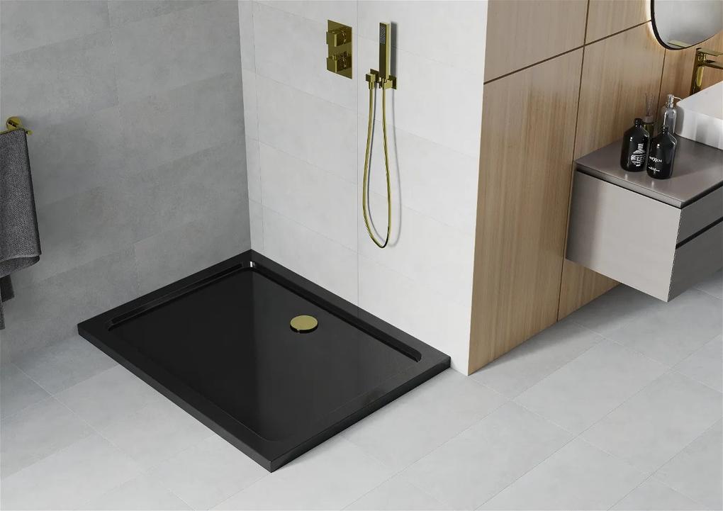 Mexen SLIM - Obdĺžniková sprchová vanička 110x100x5cm + zlatý sifón, čierna, 40701011G