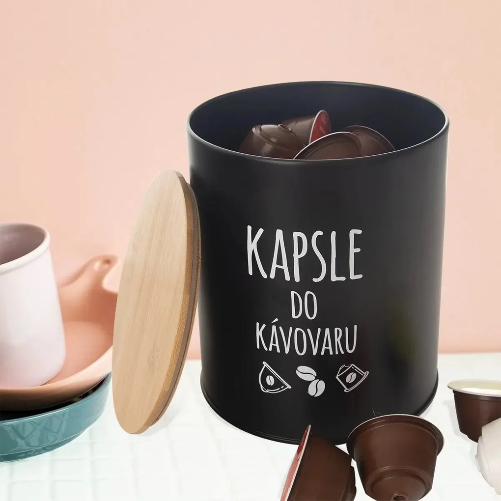 ORION Dóza na potraviny, plechová, čierna, s bambusovým vekom, KAPSLE DO KÁVOVARU