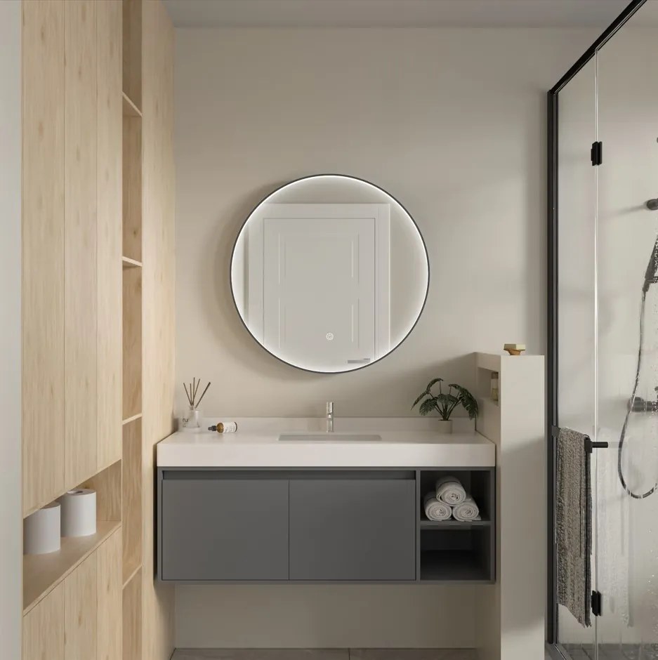 Erga Charlotte, okrúhle LED zrkadlo 80cm, čierny kovový rám, 1840 lm, 6500K, predné bočné osvetlenie, ERG-V01-204-8080-BK
