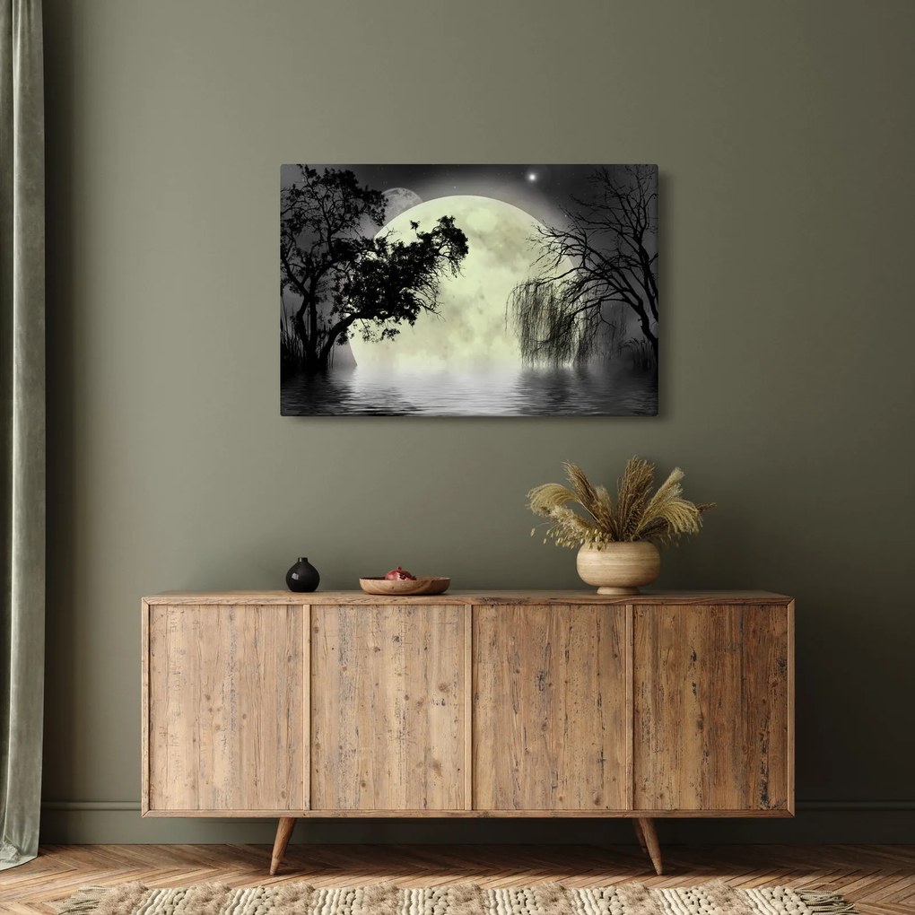 Obraz - Spln nad hladinou, čiernobiely variant (90x60 cm)