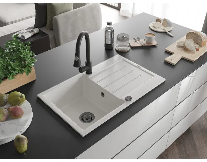 Mexen Bruno, 1-komorový granitový drez 795x495x200 mm a drezová batéria Elia, biela, 6513-20-670101-70