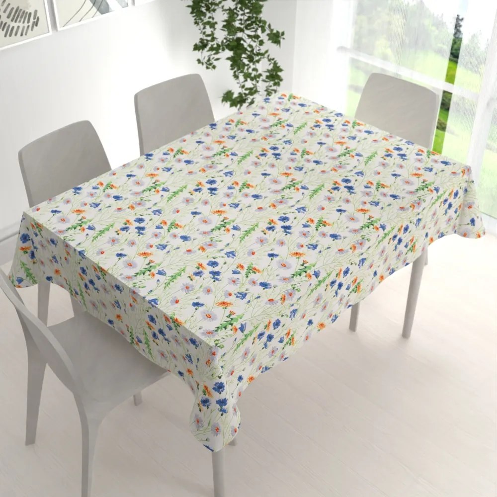 Biante Bavlnený obdĺžnikový obrus Sandra SA-601 Margaréty a zvončeky na bielom 120x180 cm