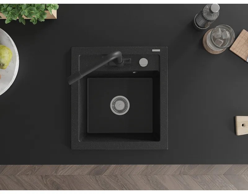 Mexen Vito, 1-komorový granitový drez 520x490x210 mm, čierna matná batéria Duero, čierna - strieborná metalíza, 6503-73-671600-70