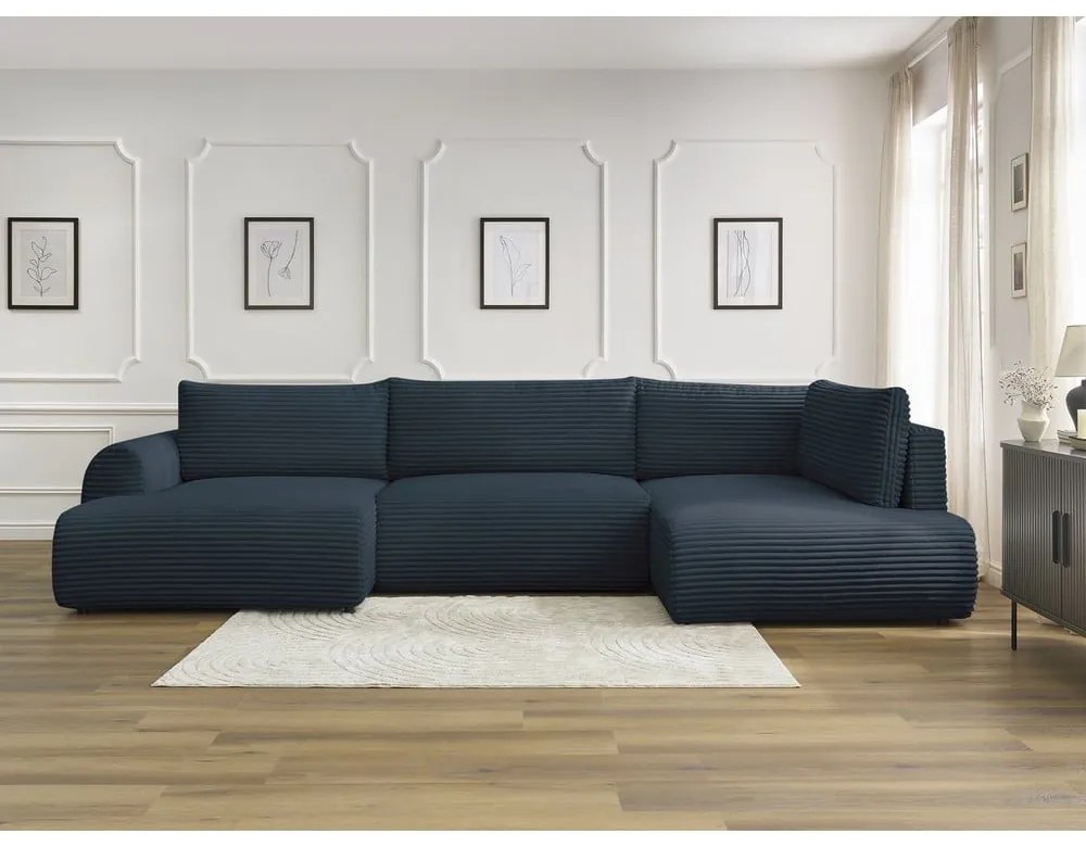 Tmavomodrá menčestrová rozkladacia rohová pohovka (ľavý roh/do "U") Lucien – Bobochic Paris