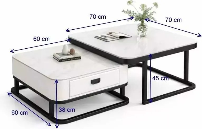LuxuryForm DESIGN Konferenčný stolík ARAGON 70 × 70 / 60 × 60 cm – biely / biely mramor + sklo (set 2 ks)