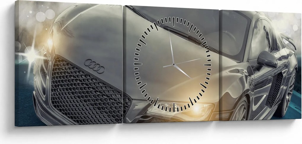 Obraz auta Audi - sivé (s hodinami) (90x30 cm)