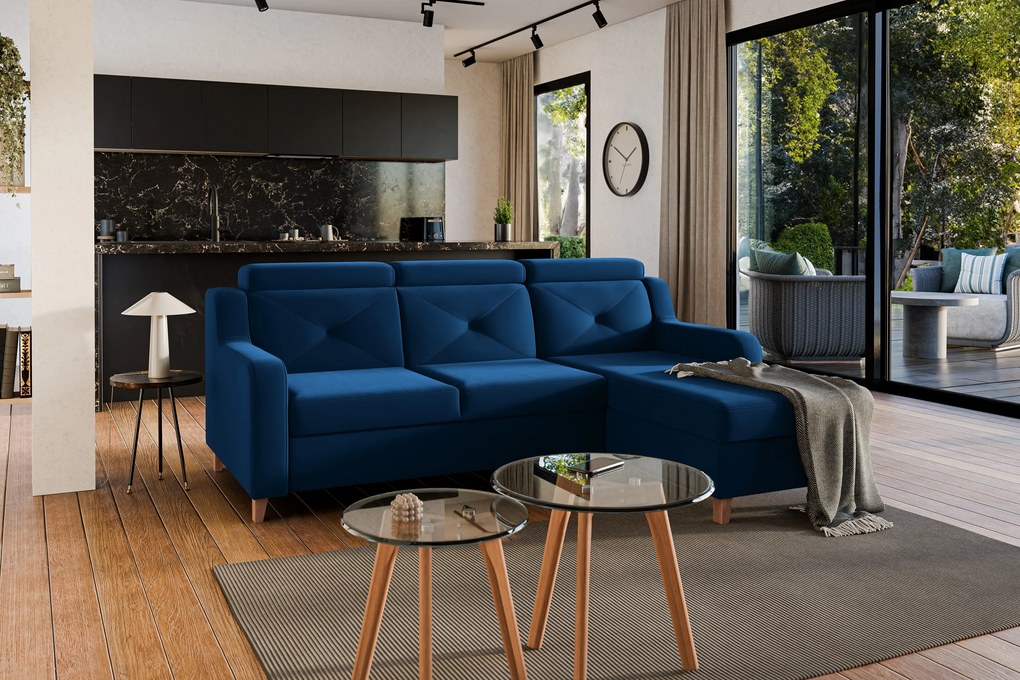 Rohová sedačka Laksaro s rozkladom pravostranná - modrý zamat Trinity 31