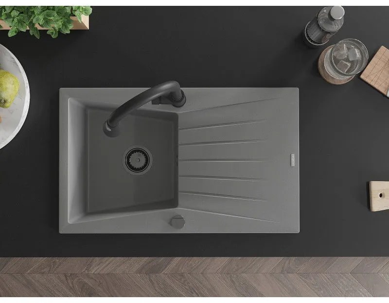 Mexen Cesar, 1-komorový granitový drez 775x470x190 mm a drezová batéria Elia, šedá, 6514-71-670101-70-B