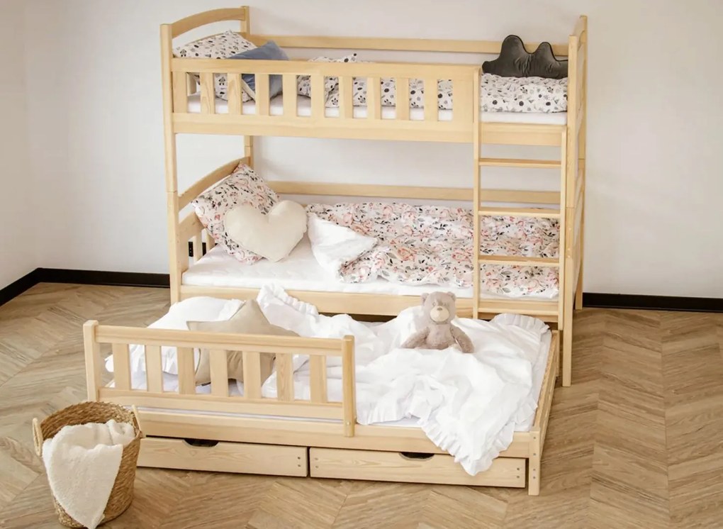 Detská poschodová posteľ z masívu BOHDANA s prístelkou a šuplíky - 200x90 cm - PRÍRODNÁ BOROVICA