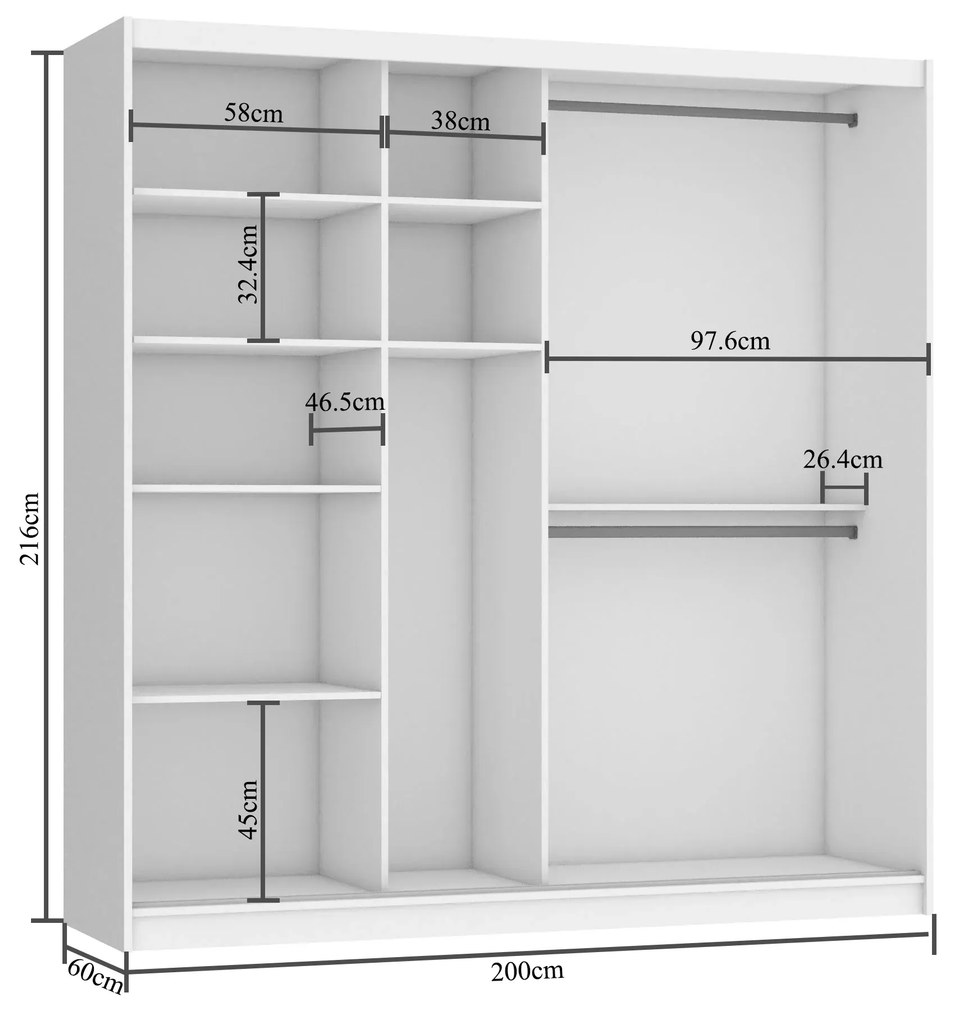 Šatníková skriňa 200 cm Belini biely mat / šedý lesk s posuvnými dverami BH SZP1/2/W/WI/5S/HI