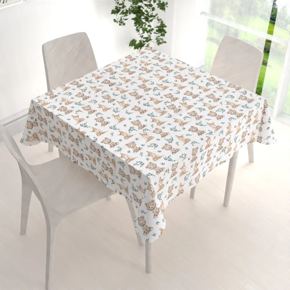 Biante Detský bavlnený štvorcový obrus Sandra SA-470 Medvedíky a srnčekovia na bielom 130x130 cm