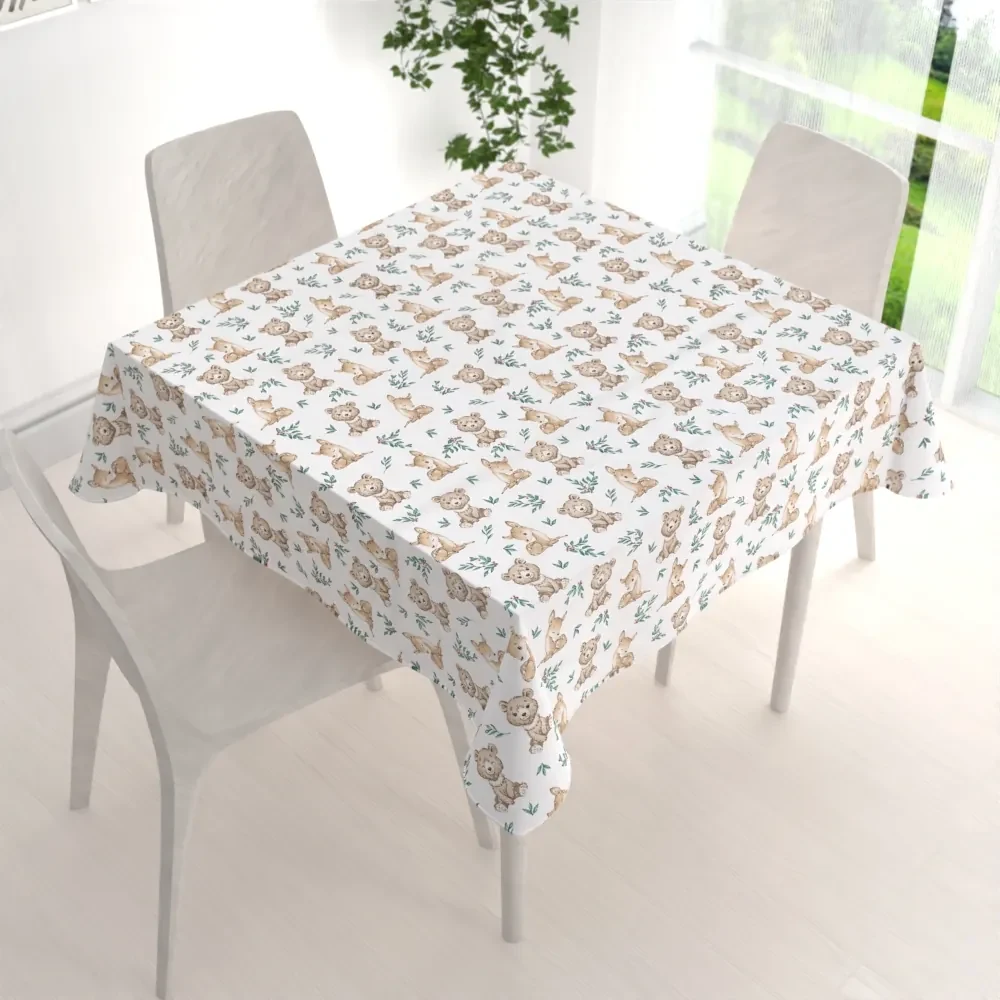 Biante Detský bavlnený štvorcový obrus Sandra SA-470 Medvedíky a srnčekovia na bielom 80x80 cm