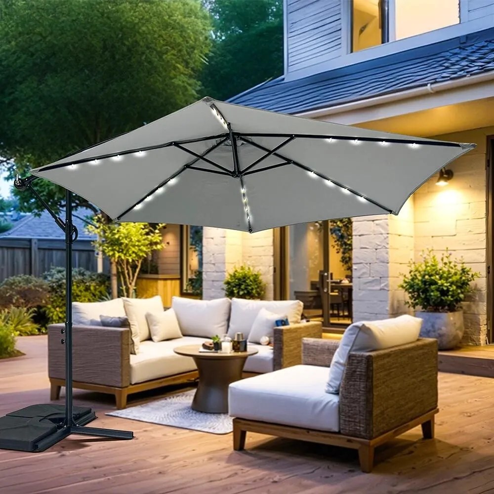 Avenberg Veľký nastaviteľný slnečník Sunny LED300, sivý