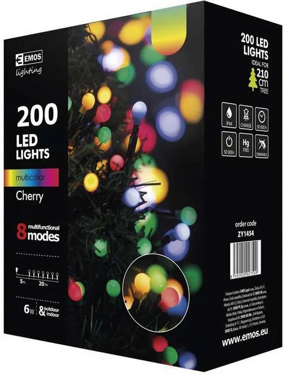 ZY1454 vianočná reťaz CHERRY 200LED IP44 20m multicolor/8 režimov/časovač