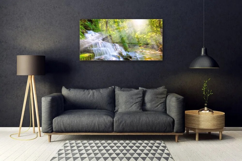 Obraz na skle Vodopád les príroda 100x50 cm