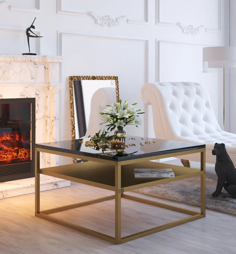 KONFERENČNÝ STOLÍK BELLA IV ČIERNY VYSOKÝ LESK + ZLATÝ PODSTAVEC